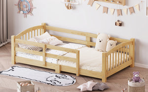 English Elm Twin Montessori Floor Bed Solid Pine Frame with Safety Guardrails for Kids Bedroom Natural N733P400298N