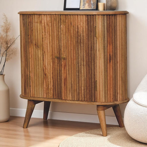 English Elm Soba Solid Mango Wood Cabinet with 2 Shelves, Brass Knobs & Nordic Legs — Light Brown Finish B182P337365