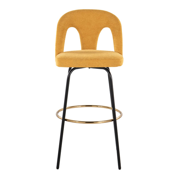 English Elm Fixed-height Swivel Barstools with Gold Footrest Black Frame White Upholstery Set B202S01874