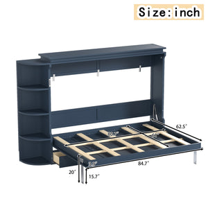 English Elm Queen Murphy Wall Bed with Side Cabinets Open Shelving and Drawers for Studio Rooms Blue W1580S00453
