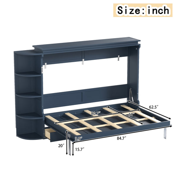 English Elm Queen Murphy Wall Bed with Side Cabinets Open Shelving and Drawers for Studio Rooms Blue W1580S00453