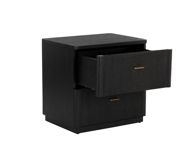 Sunpan Etienne Nightstand: Elegant Linear Design with Antique Brass Handles & Unique Wood Character Elements Black