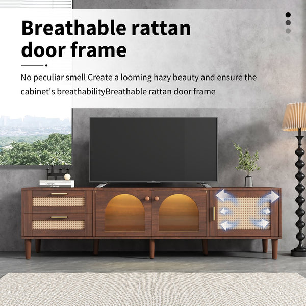 English Elm Rattan Modern TV Stand with 3 Cabinets & 2 Rattan Drawers, LED Light, Cable Management, 80" Capacity, Waterproof MDF Surface WF324225AAP