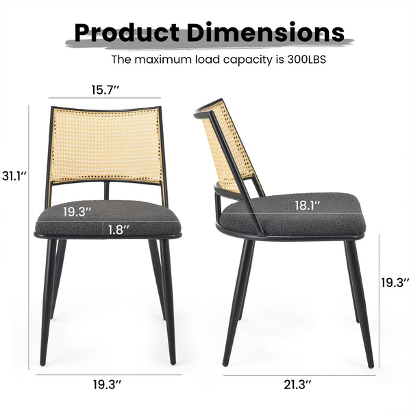 English Elm Dining Chairs Mid-Century Modern Rattan Backrest Bouclé Upholstered Metal Frame Comfortable Design DARK GREY T3623P379930