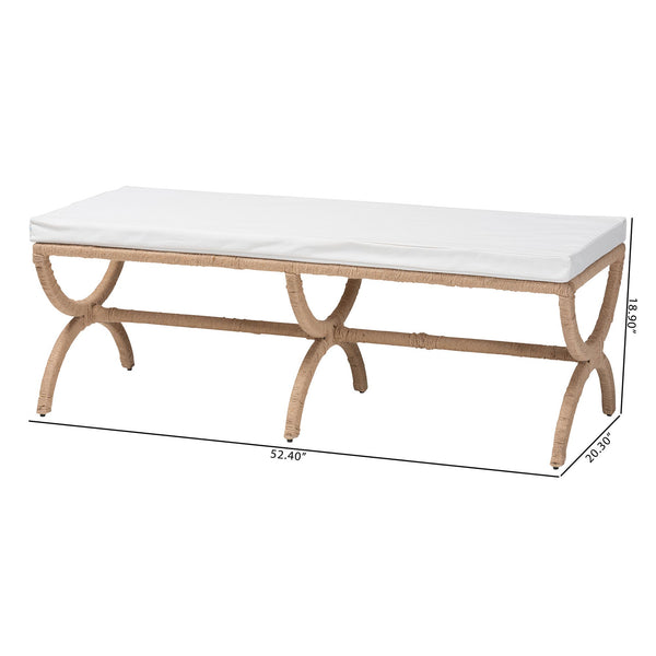 English Elm Japandi Woven Jute Bench with Sculptural Hourglass Legs for Entryway or Bedroom B2750P467806