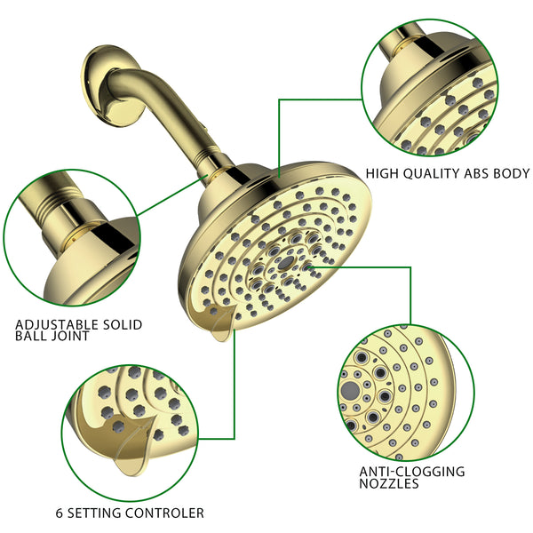 English Elm 6 High-Pressure Shower Head 5" Rain Fixed Ceiling-Mount with 6 Spray Modes, Anti-Clog Nozzles, Easy Install, Low-Flow Performance Gold T3177P277455
