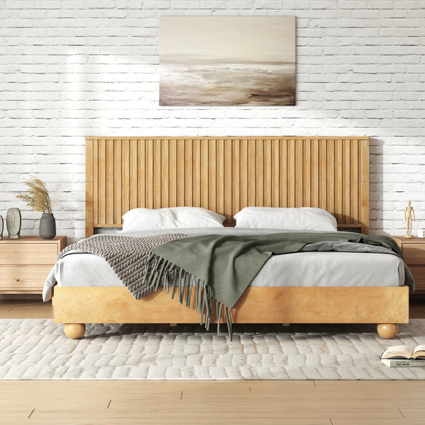 English Elm Christopher Knight Home® - Natural King Size Wood Bed Frame with Slatted Headboard, Rattan Breathable Panels & Ball Feet, Sturdy Metal Base N758K638081N
