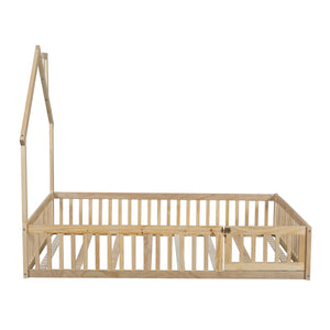 English Elm Wood House Platform Bed Full Size with Guardrail & Playful Frame, Sturdy Pine, Kid-Safe Design Natural N709P171852M