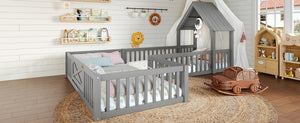 English Elm Twin House Floor Bed with Door and Full-Length Guardrails, Solid Wood Double Twin Floor Bed for Kids' Playful Rooms Grey W1580P354638