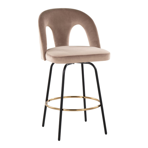 English Elm Fixed-height Swivel Counterstools with White Upholstery Gold Footrest Set of 2 Taupe B202S01792