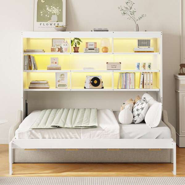 English Elm Full Size Murphy Cabinet Bed With Sofa, Built-In Storage & Led Lights - Stylish Space Saver In Beige N7090000602A