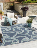 Unique Loom Outdoor Coastal Tethered Machine Made Solid Print Rug Navy Blue, Ivory/Gray/Green 7' 10" x 7' 10"