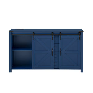 English Elm U-style Farmhouse Sideboard Barn Door Buffet with Drawers Built-in Outlet Dining Navy Blue N711P347377V