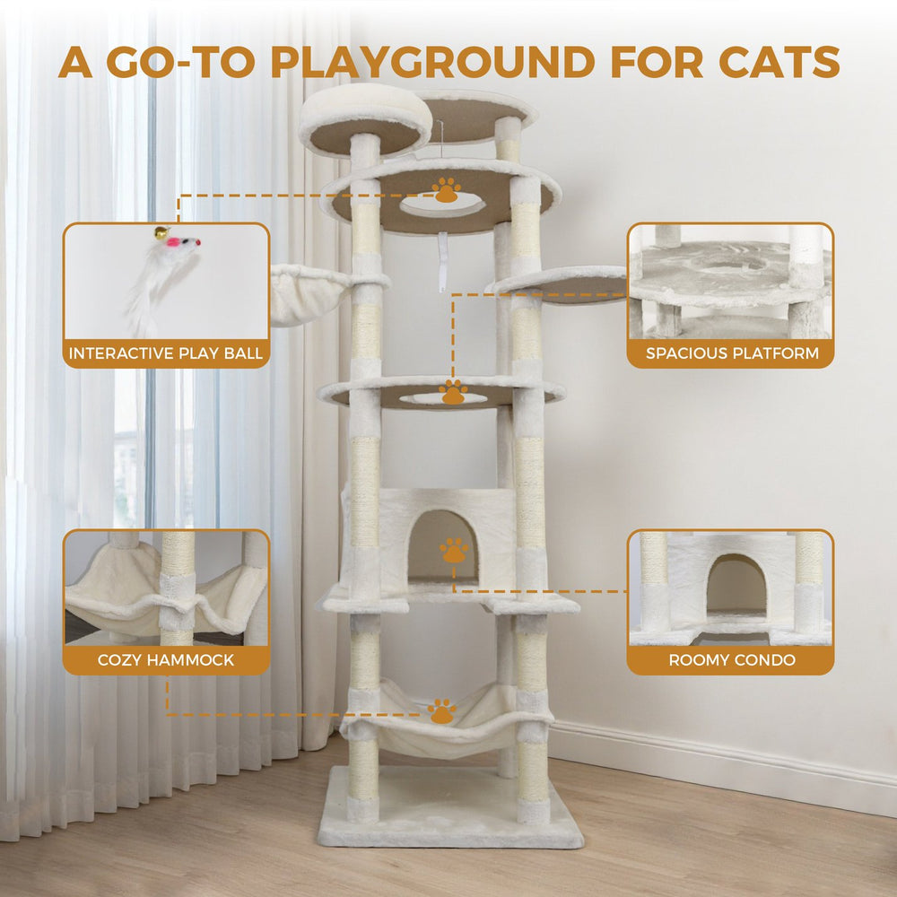 English Elm 84 Inch Tall Multi Cat Tower with Sisal Posts Hammock Triple Condos and Top Perch W243P382885