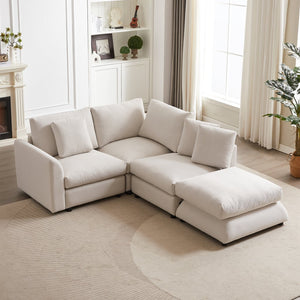 English Elm MH102.2 Modular 102.2" L-Shaped Sectional Sofa with Ottoman, 3 Cushions & Pillows, Upholstered Comfort Beige W1193S00136