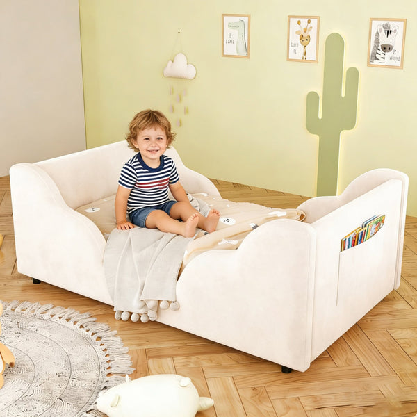 English Elm Toddler Floor Bed Velvet Upholstered Cloud Frame with Safety Rails and Storage Pocket N899P452412A