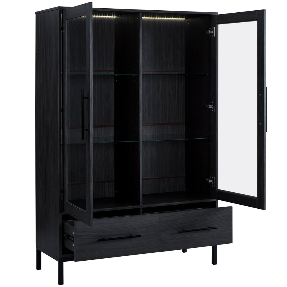 English Elm 60'' Tall Display Cabinet with LED Lighting, Tempered Glass Doors, 4 Adjustable Shelves & Drawers Black N845P261801B