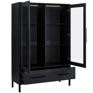 English Elm 60'' Tall Display Cabinet with LED Lighting, Tempered Glass Doors, 4 Adjustable Shelves & Drawers Black N845P261801B