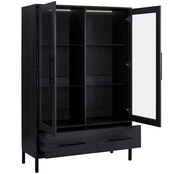 English Elm 60'' Tall Display Cabinet with LED Lighting, Tempered Glass Doors, 4 Adjustable Shelves & Drawers Black N845P261801B