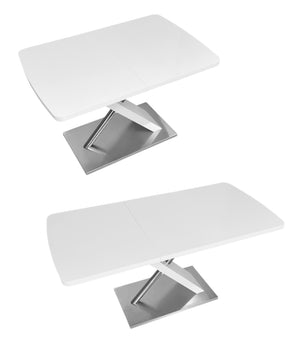 English Elm 47.25''-63'' Extendable White Gloss Dining Table for 4-6, High-Gloss MDF Top, Crossed Metal Base, 220lb Capacity W757P270706