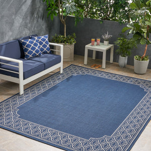 Christopher Knight Home® - Noble House - Midnight Outdoor 7'10" X 10' Border Area Rug, Navy and Ivory