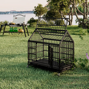 English Elm 48 Inch Pointed Roof Metal Dog Crate Folding Steel Kennel with Wheels and Slide Trays W347P431440
