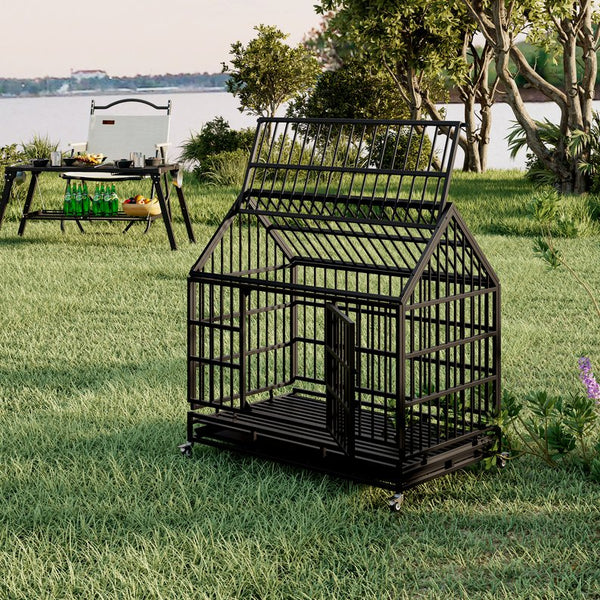 English Elm 48 Inch Pointed Roof Metal Dog Crate Folding Steel Kennel with Wheels and Slide Trays W347P431440