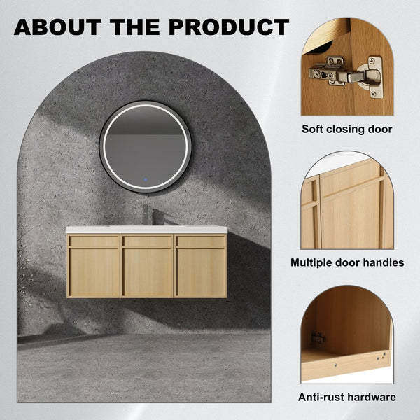 English Elm 48" 54.3" Wall-Mounted Bathroom Vanity with Resin Sink, Original Oak Finish, 3 Soft-Closing Doors, Plywood Construction W1972P315216