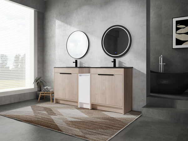 English Elm 72 Inch Freestanding Bathroom Vanity Set With Black Ceramic Sinks, Soft-Close Doors & Storage Solutions W999S00319