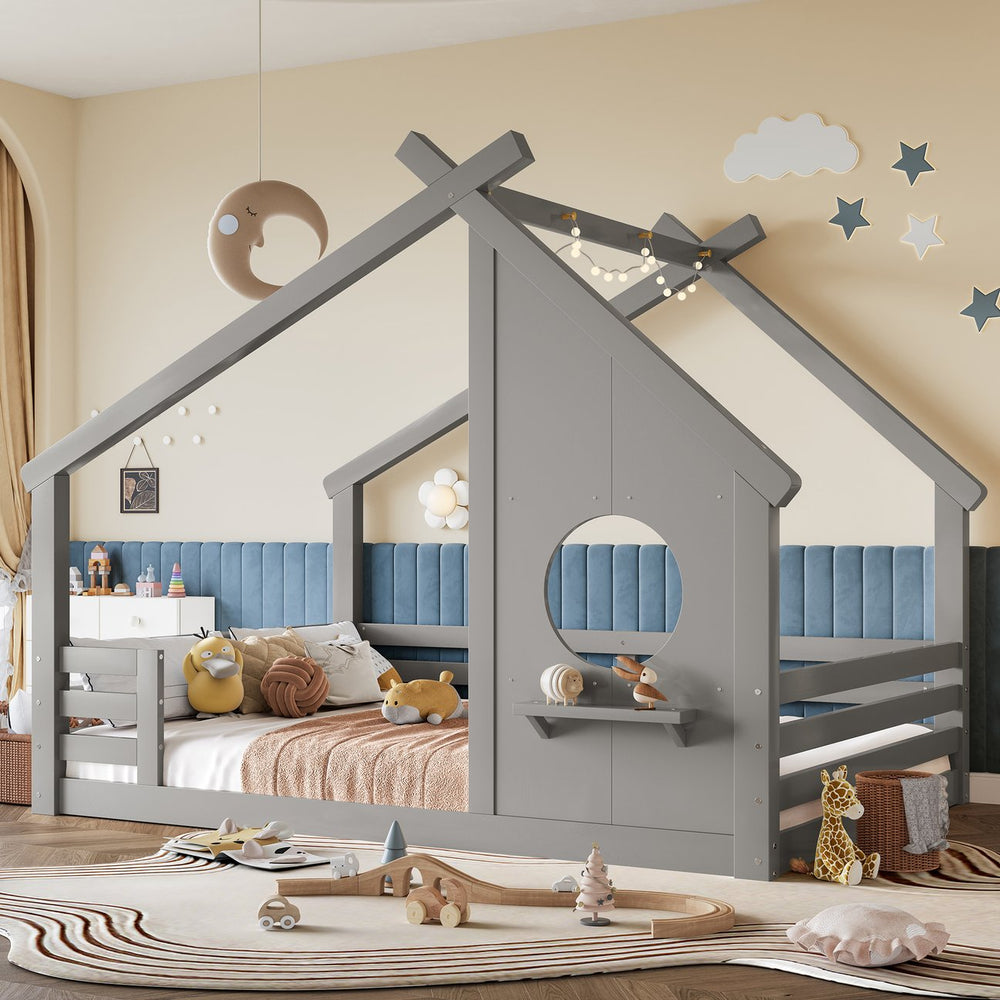 English Elm Twin House Bed Low Profile Pine Wood Frame with Shelf Montessori Kids Floor Sleeping Gray W5305P429646