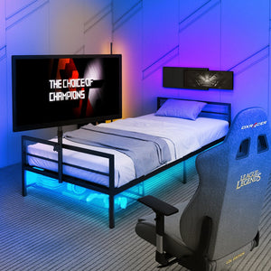 English Elm Twin Gaming Platform Bed Iron Frame with Rotating Tv Mount Led Strips Console Storage W688P237948