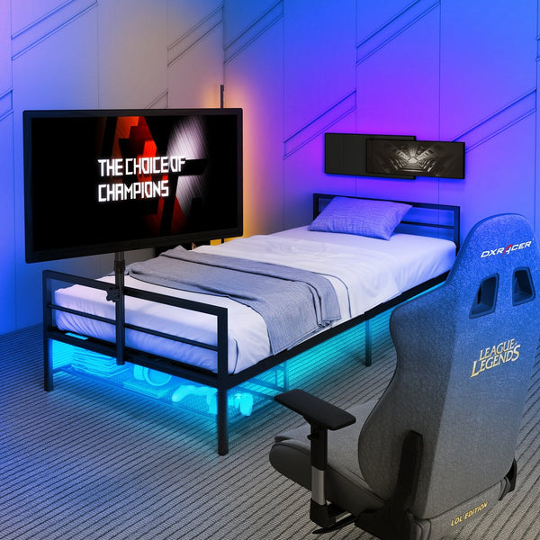 English Elm Twin Gaming Platform Bed Iron Frame with Rotating Tv Mount Led Strips Console Storage W688P237948