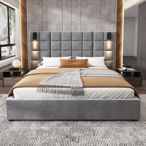 English Elm Queen Velvet Platform Bed Wide Headboard Built in Sconces Usb Ports Modern Bedroom N757Q200046G-1