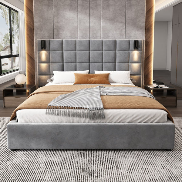English Elm Queen Velvet Platform Bed Wide Headboard Built in Sconces Usb Ports Modern Bedroom N757Q200046G-1