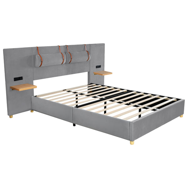English Elm Queen Upholstered Platform Bed with Velvet Headboard, Dual USB Outlets, Pillows & Storage Shelves WF324746AAE