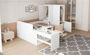 English Elm Full Size Wooden Platform Bed With Integrated Desk, 6 Drawers, Wardrobe & Modern Shelves, White Finish N820S00060K