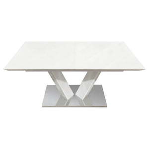 English Elm Modern High Gloss White Extendable Dining Set Six Chairs Gray Faux Leather Diamond Stitched B011S01212