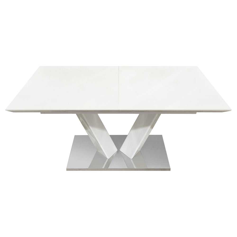 English Elm Sleek Extendable Dining Table White Lacquer Top Chrome Base Seats Six Modern Room B011S01211