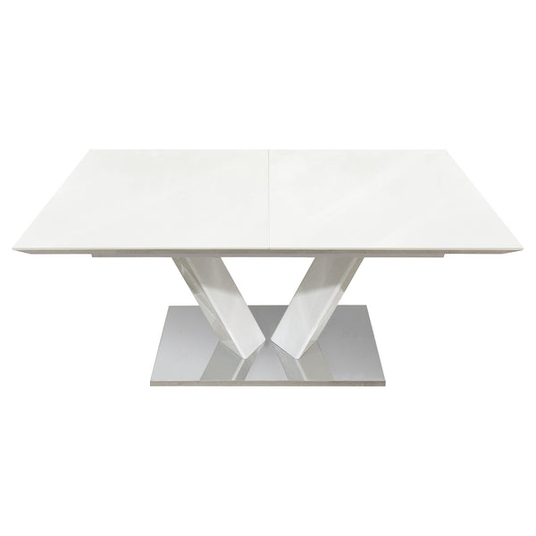 English Elm Sleek Extendable Dining Table White Lacquer Top Chrome Base Seats Six Modern Room B011S01211