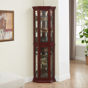 English Elm Corner Curio Cabinet with Lighted Top, Mirrored Back, Tempered Glass Shelves, Walnut Finish Elegance Cherry W1693P165015