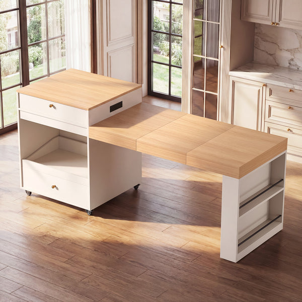 English Elm 78.8'' Fluted Rolling Kitchen Island with Extendable Dining Surface Built-in Power Mdf White B2764S00001