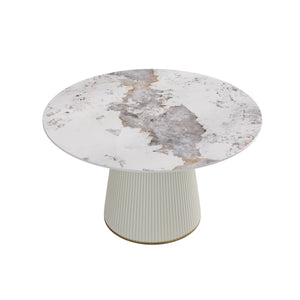 English Elm 53.15 "Modern Round Beige Dining Table With Sturdy Pu Base - Seats 6, Scratch-Resistant Design!" W1535S00449