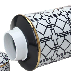 English Elm Elegant White Ceramic Ginger Jars Set Of 2 With Black Geometric Pattern - Stylish Home Décor Storage B030S00080