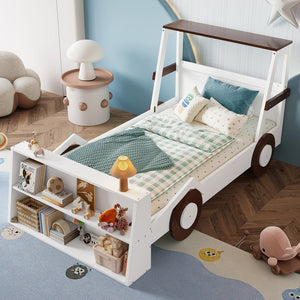 English Elm Twin Pine Treehouse Floor Bed with Padded Rails and Cabin Roofline for Kids Brown,Light White W1580S00471