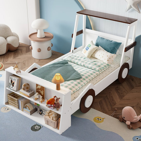 English Elm Twin Pine Treehouse Floor Bed with Padded Rails and Cabin Roofline for Kids Brown,Light White W1580S00471