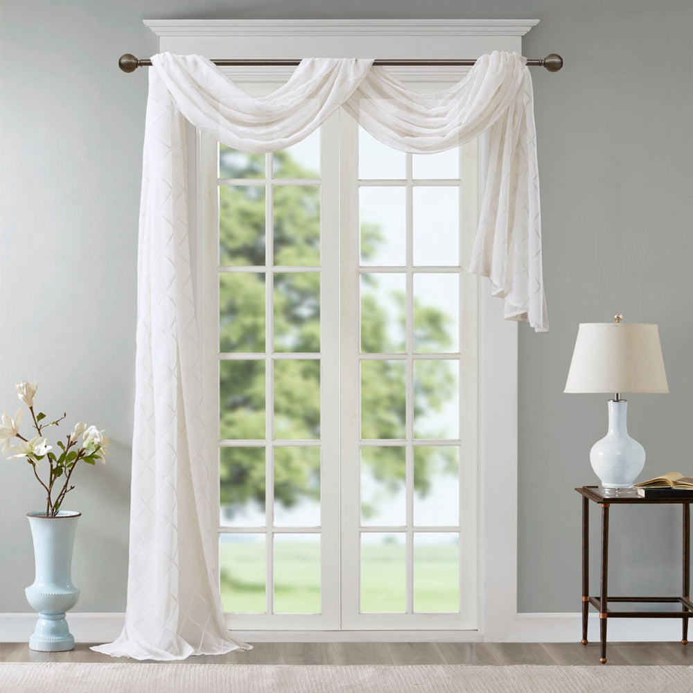 JLA Home Madison Park - Diamond Sheer Embroidered Window Scarf with Delicate Diamond Motif, Lightweight, Light-Diffusing Elegance White MP40-4935