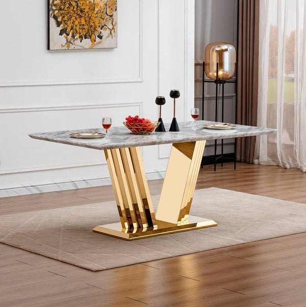 English Elm Marble Dining Table For 6 – Modern Faux Marble Kitchen Table With Chrome Base, Stylish & Durable Design W3456S00020