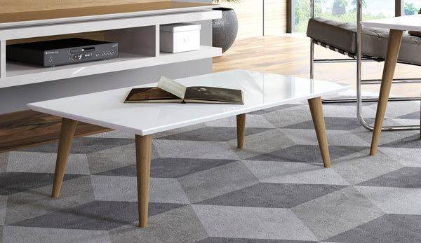 English Elm Utopia 40" Coffee Table with Lacquered Rectangular Top and Solid Wood Splayed Legs for Style and Durability White B365P398085