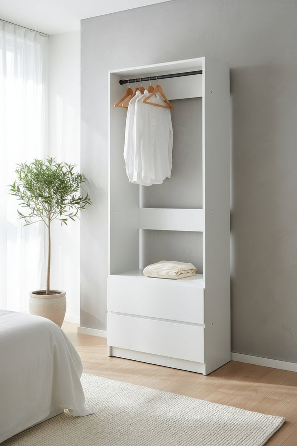 English Elm Prosper 32" White Wood Walk-In Closet System with Two Rods, Freestanding Oak Finish, Durable Melamine B040P407430