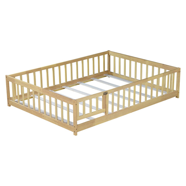 English Elm Twin Size Rubberwood Floor Bed with Safety Fence for Toddler Rooms Natural Finish W504P370533